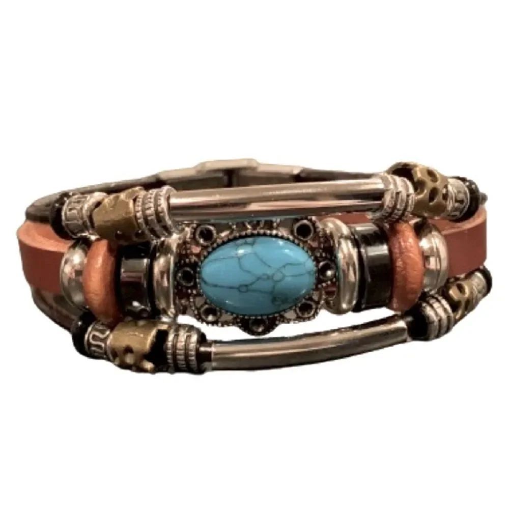 Men’s Western Multi-Strand Bracelet - Silver Tone with Faux Turquoise